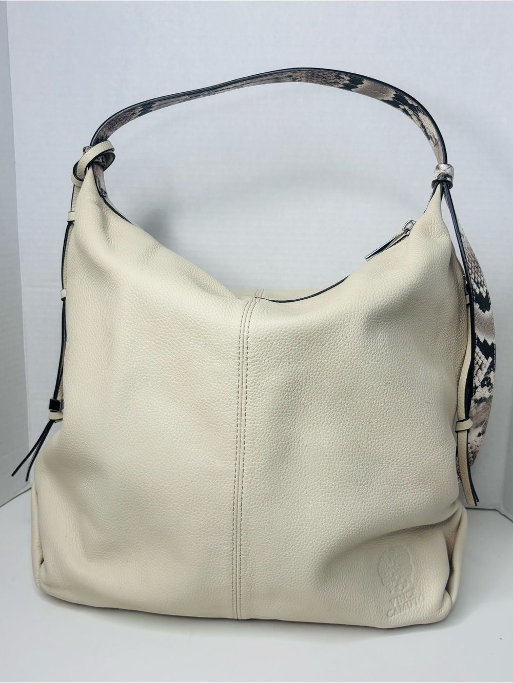 Vince Camuto Cream Leather Shoulder Hobo with Snake-Print Strap